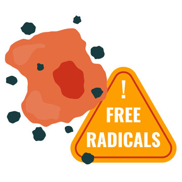 Free radicals attack sign over damaged cell. Medical vector illustration.