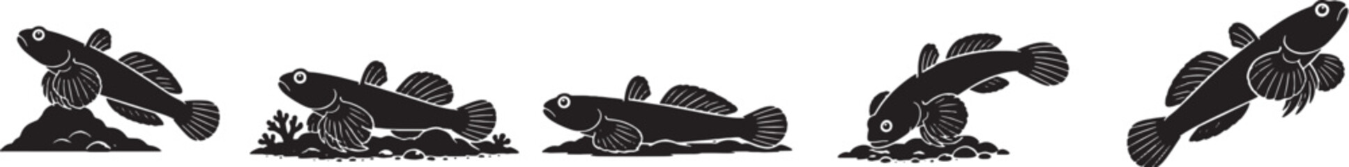 Court Jester Goby Silhouette Icon Set Black Vector Reef Aquarium Fish Collection © luu
