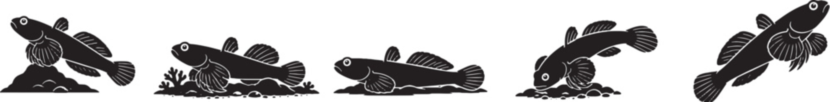 Court Jester Goby Silhouette Icon Set Black Vector Reef Aquarium Fish Collection