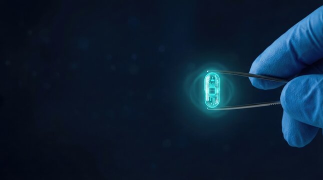 Gloved hand carefully holds a glowing circuit capsule, symbolizing advanced precision medicine and future pharmaceutical innovations in digital health strategy.