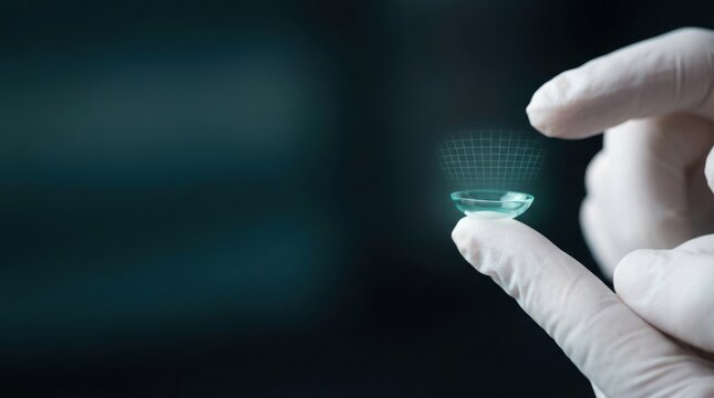 Gloved hand presents a futuristic contact lens, symbolizing advanced optical solutions for enhanced human vision and digital health innovation.