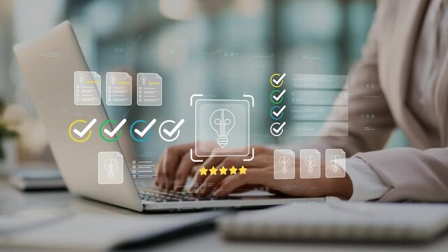 Female business professional using digital innovation platform with animated light bulb icon, product development strategy, creative business solutions and enterprise planning technology