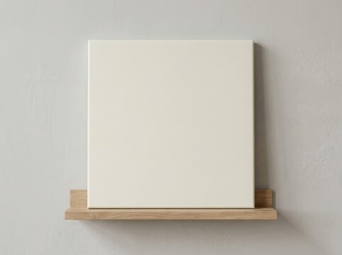 Blank square canvas frame resting on a small wooden shelf against a plain light gray wall in a minimalist interior room