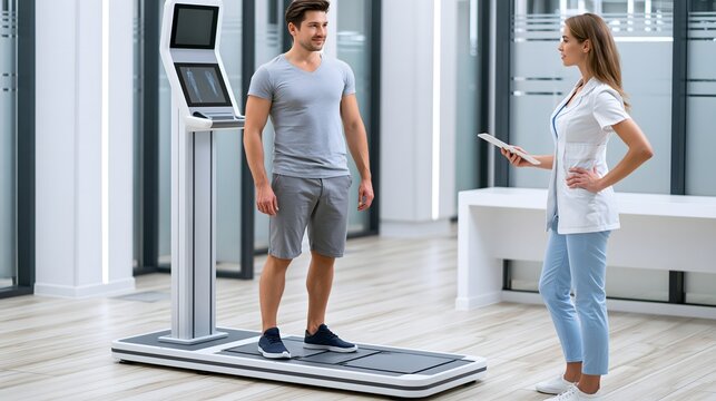 modern wellness clinic offering body composition assessment, healthcare technology, realistic medical photography