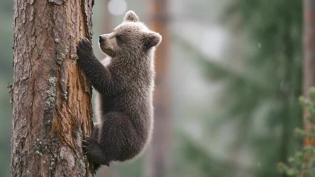 Grizzly bear cub climbing pine tree trunk in dense forest wilderness habitat