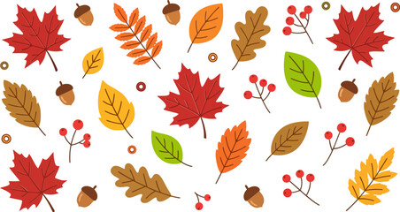 Colorful autumn leaves and acorns collection with red berries in a flat hand drawn vector style Vector © azad