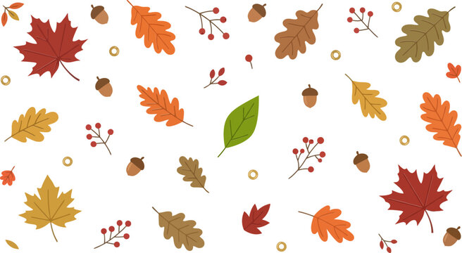 Colorful autumn leaves and acorns pattern with red berries for fall season design elements Vector