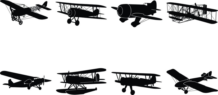 Vintage Airplane Silhouette Set Featuring Classic Biplanes Monoplanes And Seaplanes Isolated On White Background