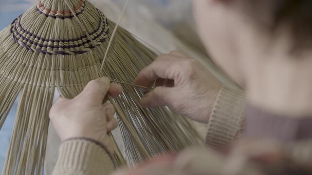 Hands Weaving Traditional Bon Odori Hat in Ugo Town Akita Prefecture J