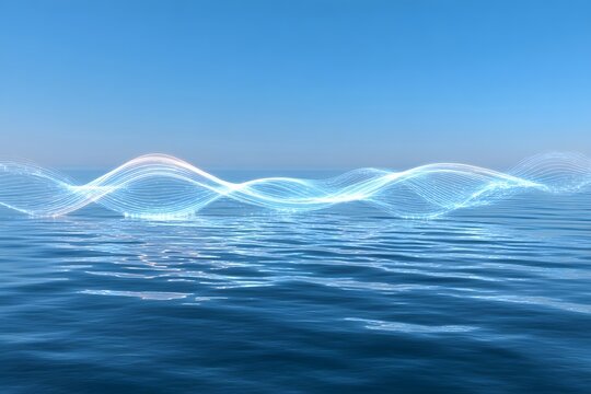 Ocean waves morphing into glowing digital signals in a serene minimalist blue scene with tech inspired fluidity