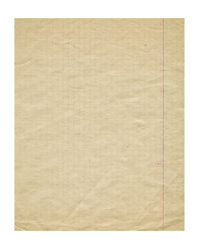 Natural lined crumpled paper page isolated. Old antique notebook sheet paper texture. Vintage paper background.	