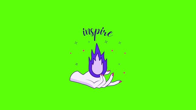Inspire typography text quote with magical purple fire flame in hand illustration