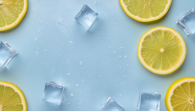 Fresh lemon slices and cold ice cubes on a light blue background