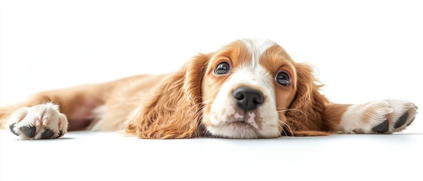 A cute brown and white spaniel puppy lies down looking up with big eyes on a white background.