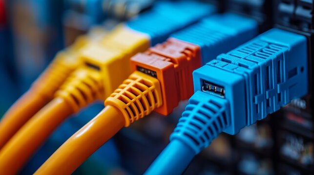 Colorful network cables plugged into a port with a blurred blue background.