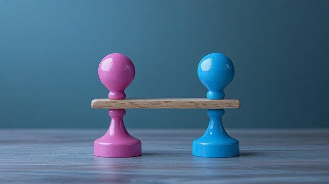A pink and blue seesaw balance toy on a wooden surface against a solid background.