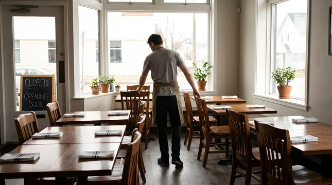 A restaurant worker arranging wooden chairs and setting up tables in a bright dining area before opening