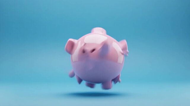 Pink piggy bank in various playful poses with subtle motion against a clean blue studio background