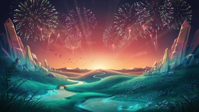 Magical fantasy landscape with crystal mountains and fireworks in the night