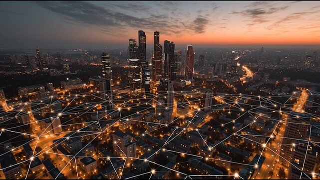 Smart digital city with connection cyber security network reciprocity over the twilight cityscape.future wireless digital city and social media networking systems that connects people within the city	