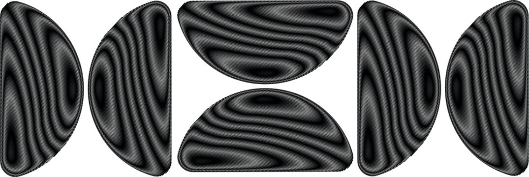 A symmetrical graphic composition featuring black half-circle shapes with a distinct etched diagonal line texture. This high-contrast design offers a professional and artistic aesthetic suitable 