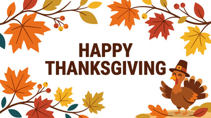Happy thanksgiving greeting card design with colorful autumn leaves and a cute pilgrim turkey Vector © azad