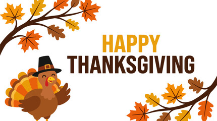 Happy thanksgiving greeting card design with cute turkey wearing a hat and autumn maple leaves Vector © azad