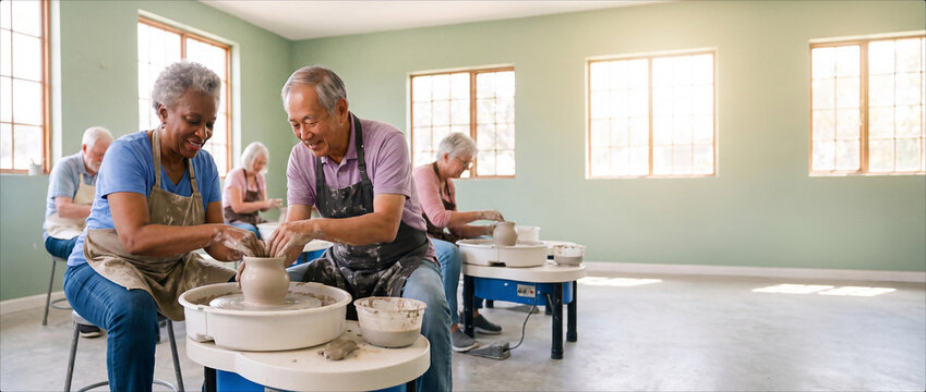Senior adults learning pottery together in a creative workshop. Ceramic hobby, social club, friendship and active retirement concept.