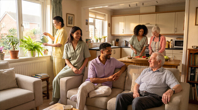 Young caregivers and older adults sharing daily life in a home setting. Companionship, meal preparation, social support and assisted living concept.