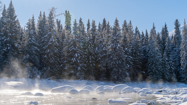 Winter landscape of frozen river and snow covered forest in Hemu Village, Xinjiang, China