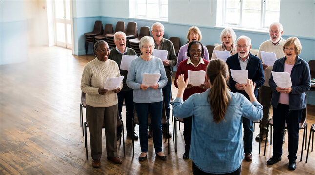 Diverse senior choir singing in a community center with a conductor. Music, friendship, social inclusion and active aging concept.