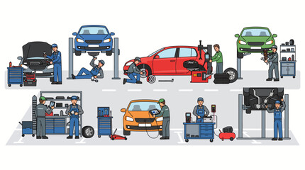 Fototapeta premium Automotive repair shop scene with mechanics working on cars.