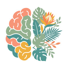 Fototapeta premium Human brain shape combined with tropical leaves and colorful flower elements in flat design Vector