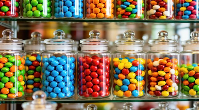 Glass jars filled with multicolored small round candies sit on retail shop shelves. Various sweet treats in transparent containers create vivid patterns in candy store. Many vibrant sugary snacks
