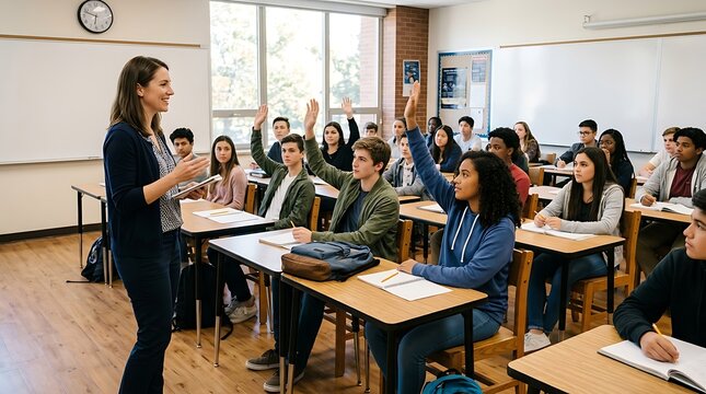 Engaged Learners in the Classroom: A motivated teacher leads a classroom of attentive students, many with hands raised eagerly to answer questions, fostering a dynamic learning environment.