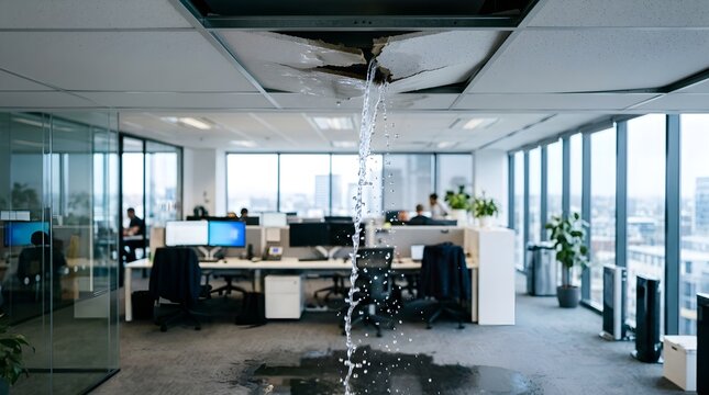 Water leaking from ceiling damaging modern open plan office workspace