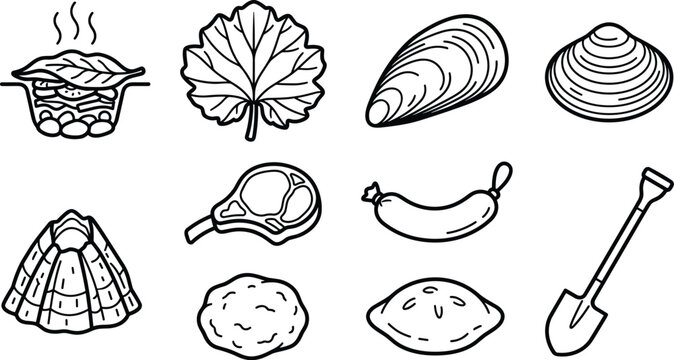 Seafood and Clambake Vector Icon Set Featuring Mussel, Clam, Meat Chop, Sausage, Grape Leaf, Pit Cooking, Shovel, and Pastry Outlines for Menus