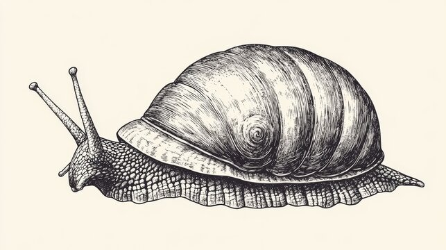 An intricate black and white ink drawing of a snail crawling with detailed texture on a plain background.