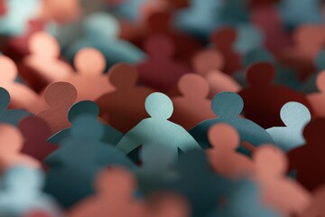 Fototapeta premium Paper cutout crowd background community scene with teal and coral figures for poster and wallpaper design