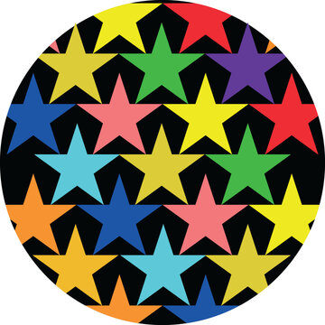 A striking circular arrangement of multi-colored stars set against a solid black background. This high-contrast design is perfect for bold graphic projects posters or artistic visual assets.
