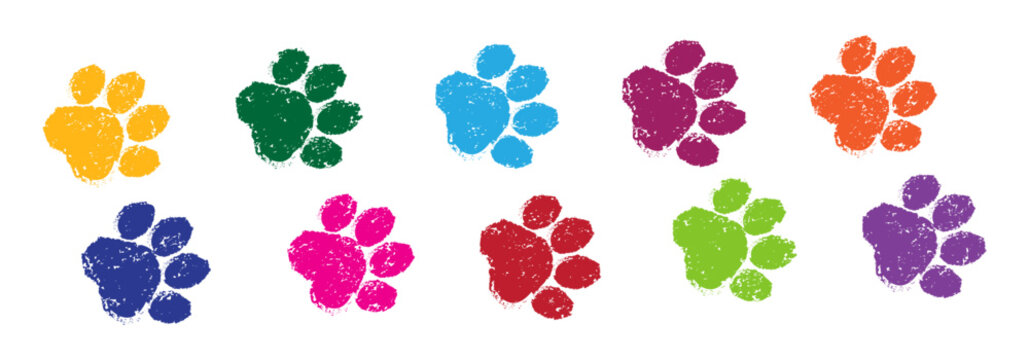 Paw print dog or cat, pet paw stamp paint pattern, paint footprint. Animal crayon foot trace, chalk silhouette. Grunge seamless trail, zoo rustic path isolated on bg. Veterinary vector illustration