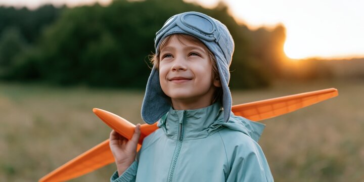 Boy wearing aviator hat holding orange model airplane in a meadow at golden hour for banner or background design about childhood flight and outdoor exploration