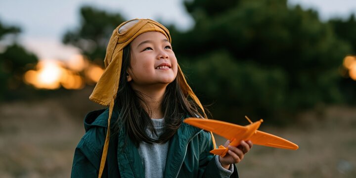 Smiling child with pilot cap and orange glider in a grassy field at sunset for wallpaper or banner highlighting imaginative outdoor play and wonder