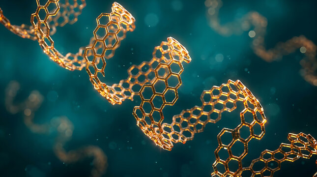 Abstract visualization of a golden carbon nanotube structure in a microscopic environment.