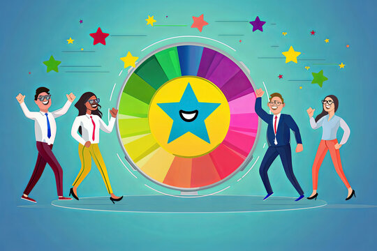 A vibrant scene showcasing teamwork and success, with happy employees celebrating around a colorful wheel of fortune, embodying a win-win business environment
