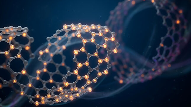 Abstract visualization of carbon nanotubes with glowing atomic structures on a dark background.