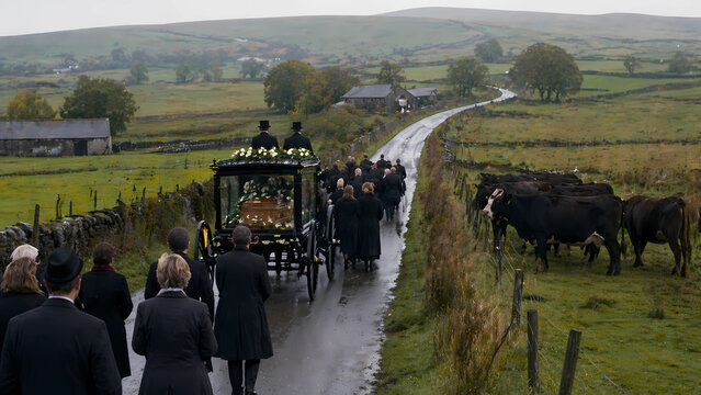 funeral procession along a country road