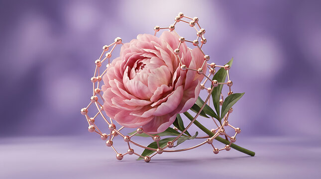 A beautiful pink peony flower wrapped in a delicate rose gold geometric wire frame.