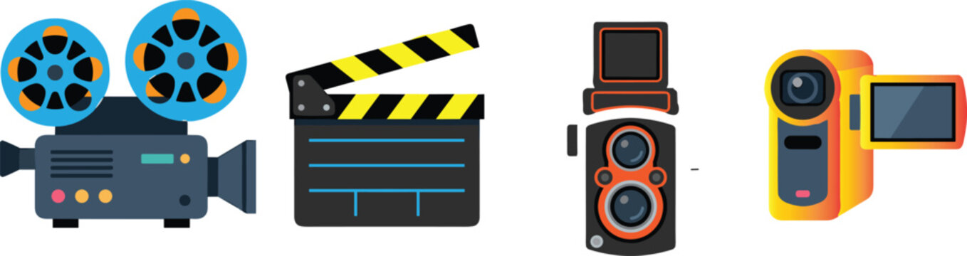 Vintage Film Production Equipment Collection with Movie Projector, Clapperboard, Twin Lens Camera and Camcorder Vector Illustration Isolated on White Background