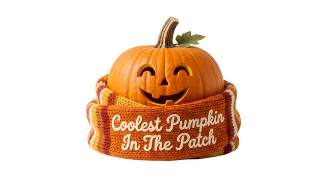 Carved jack o lantern wearing scarf happy face autumn leaves happy season greeting.